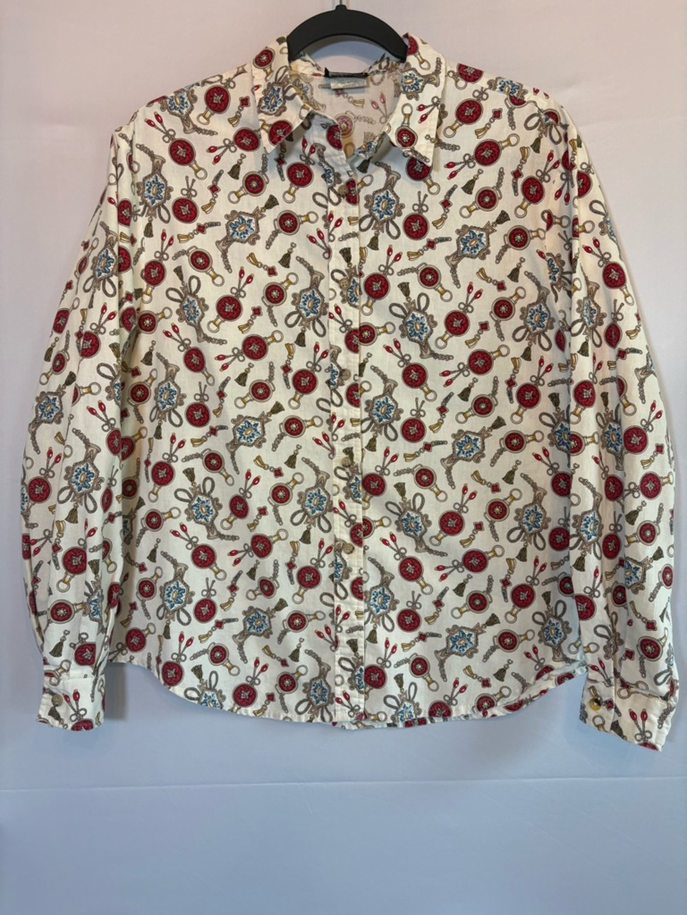 Vintage 80s Cream Button Down with Equestrian Inspired Print